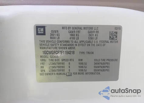 2015 Chevrolet Express 2500 Work Van from USA, damaged, VIN 1GCWGFCF7F1184218